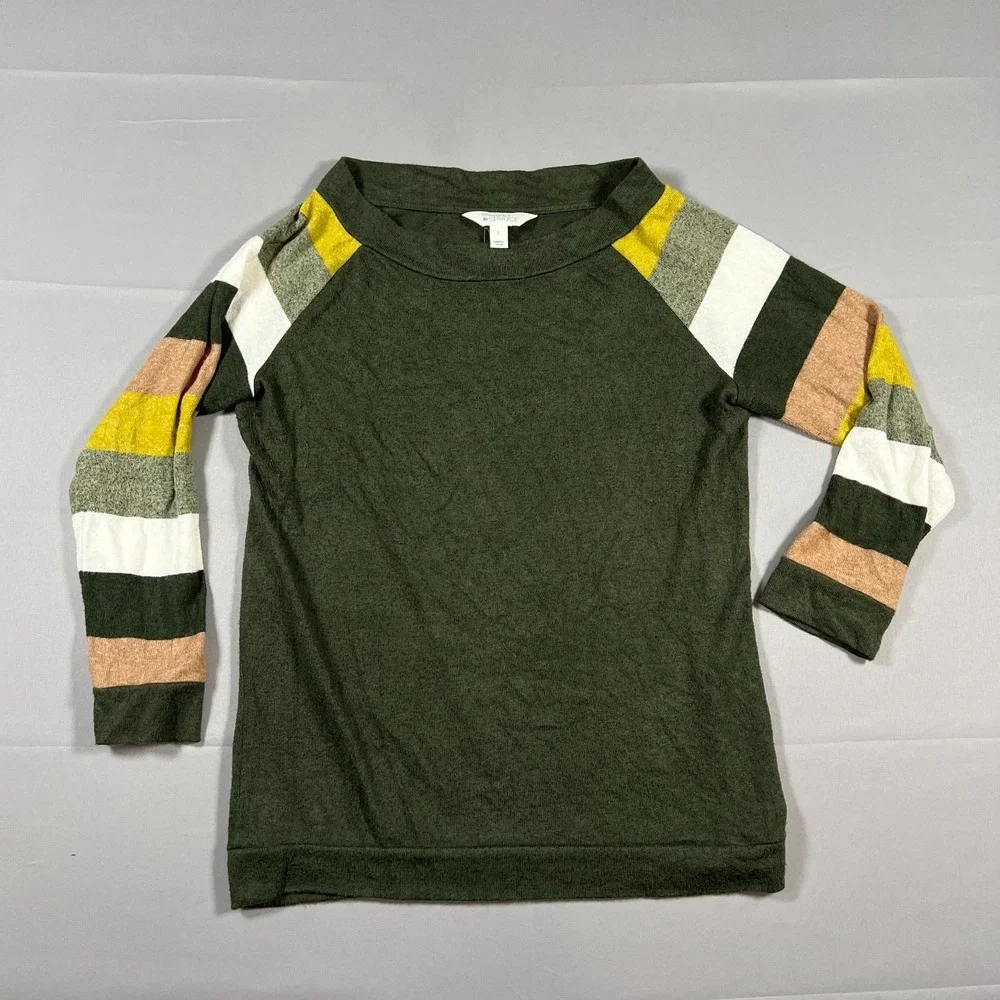 Market & Spruce Sweater Womens Small Olive Green Striped Raglan Sleeve Boat Neck
